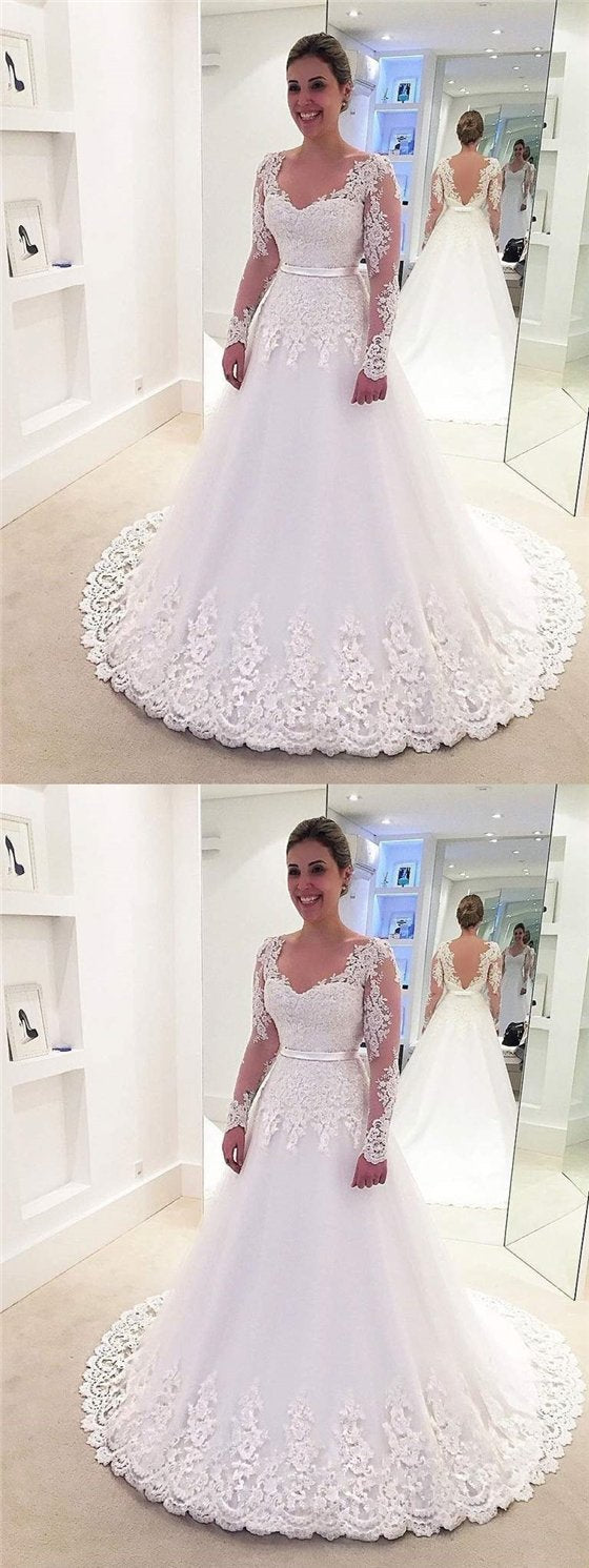 Long Sleeves V-neck Long Sleeves Lace Tulle Wedding Dresses