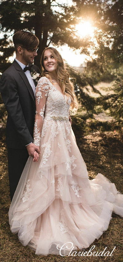 Long Sleeves V-neck Lace Tulle Country Wedding Dresses