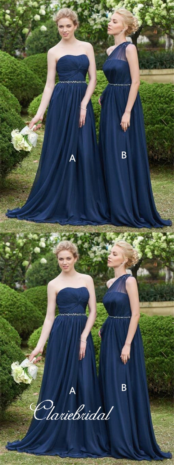 Mismatched Navy Chiffon Beaded Long Bridesmaid Dresses