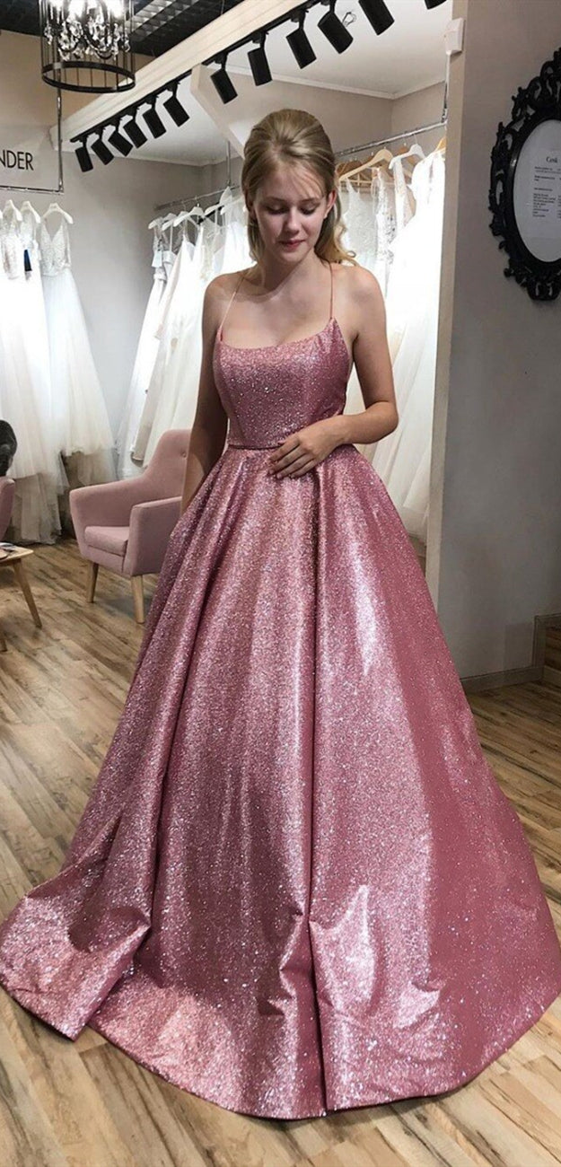 Lovely Pink Shemmering Fabric Long Prom Dresses, Sparkle Prom Dresses, 2020 Prom Dresses