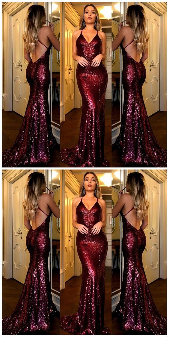 Cross Back Burgundy Sequin Prom Dresses, Mermaid Prom Dresses, Affordable Prom Dresses