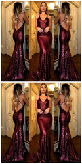 Cross Back Burgundy Sequin Prom Dresses, Mermaid Prom Dresses, Affordable Prom Dresses