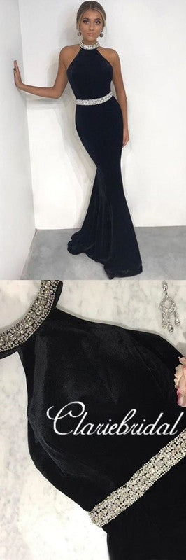 Halter Rhinestone Long Mermaid Velvet Prom Dresses, Elegant Prom Dresses