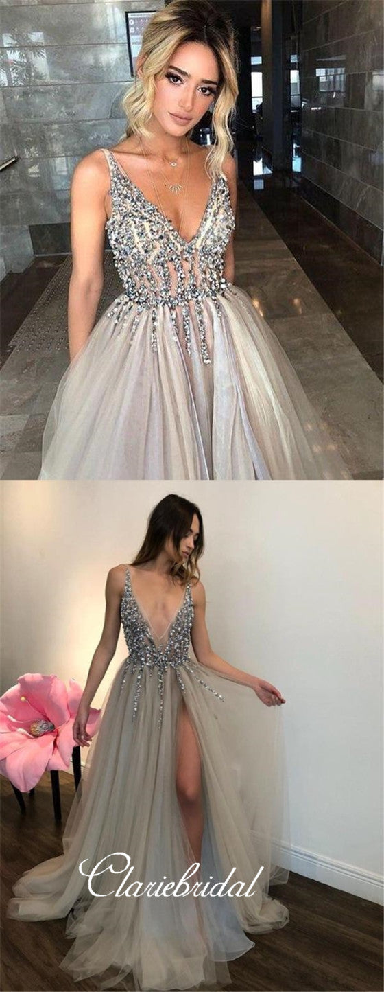 Light Grey Beaded Tulle Prom Dresses, Side Slit Prom Dresses, Long Prom Dresses