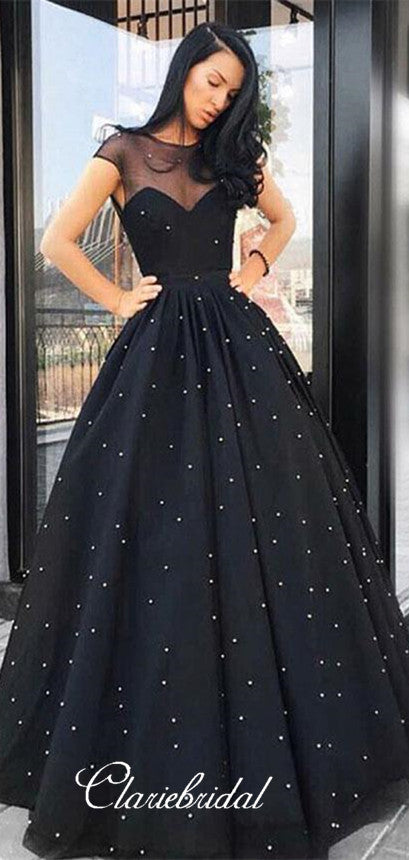 Illusion Cap Sleeves Black Tulle Beaded Prom Dresses, Long Prom Dresses, Prom Dresses