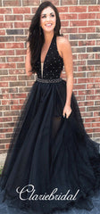 Halter V-neck Black Lace Tulle Prom Dresses, Beaded Prom Dresses, Long Prom Dresses