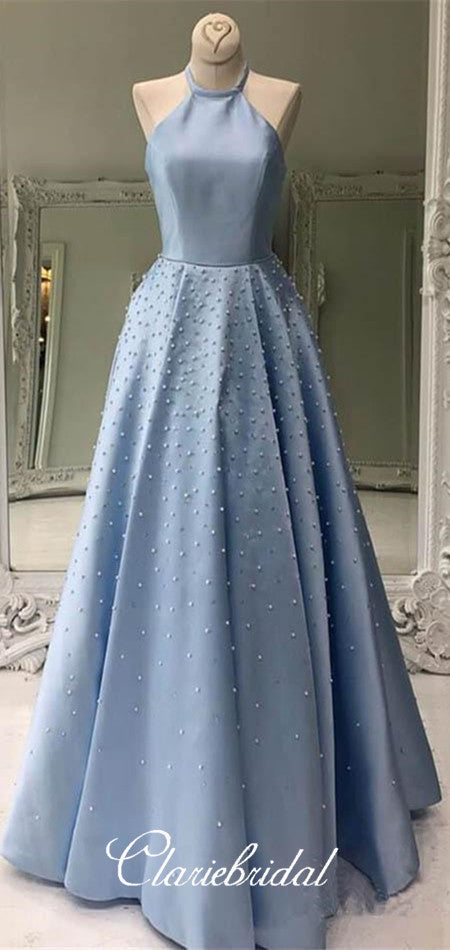 Halter Long A-line Beaded Prom Dresses With Pearls