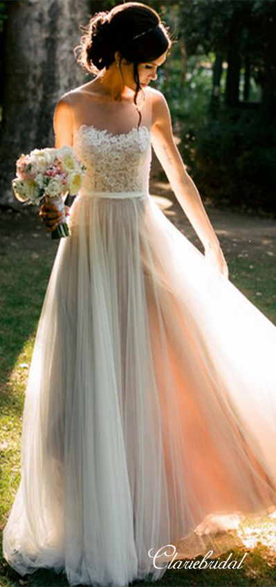 Illusion Lace Top Tulle A-line Wedding Dresses