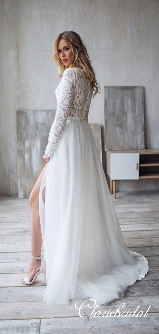 Long Sleeves Lace Top A-line Tulle Side Slit Wedding Dresses