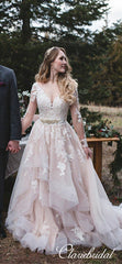Long Sleeves V-neck Lace Tulle Country Wedding Dresses
