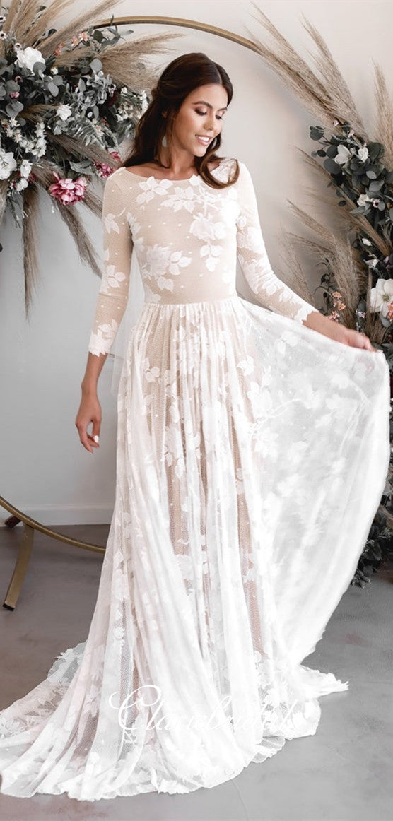 Long Sleeves Lace Tulle Wedding Dresses, A-line Long Wedding Dresses, Bridal Gown