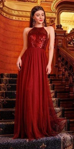 Long A-line Sequin Tulle Bridesmaid Dresses, Halter Bridesmaid Dresses, Long Bridesmaid Dresses