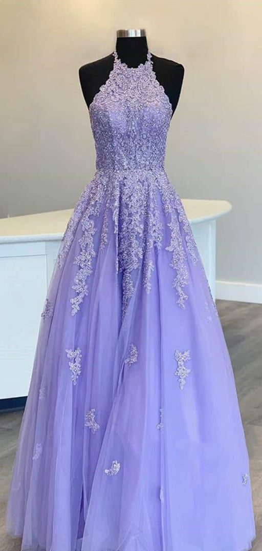 Halter Long A-line Lilac Lace Appliques Prom Dresses, Beaded Prom Dresses, Lovely Prom Dresses