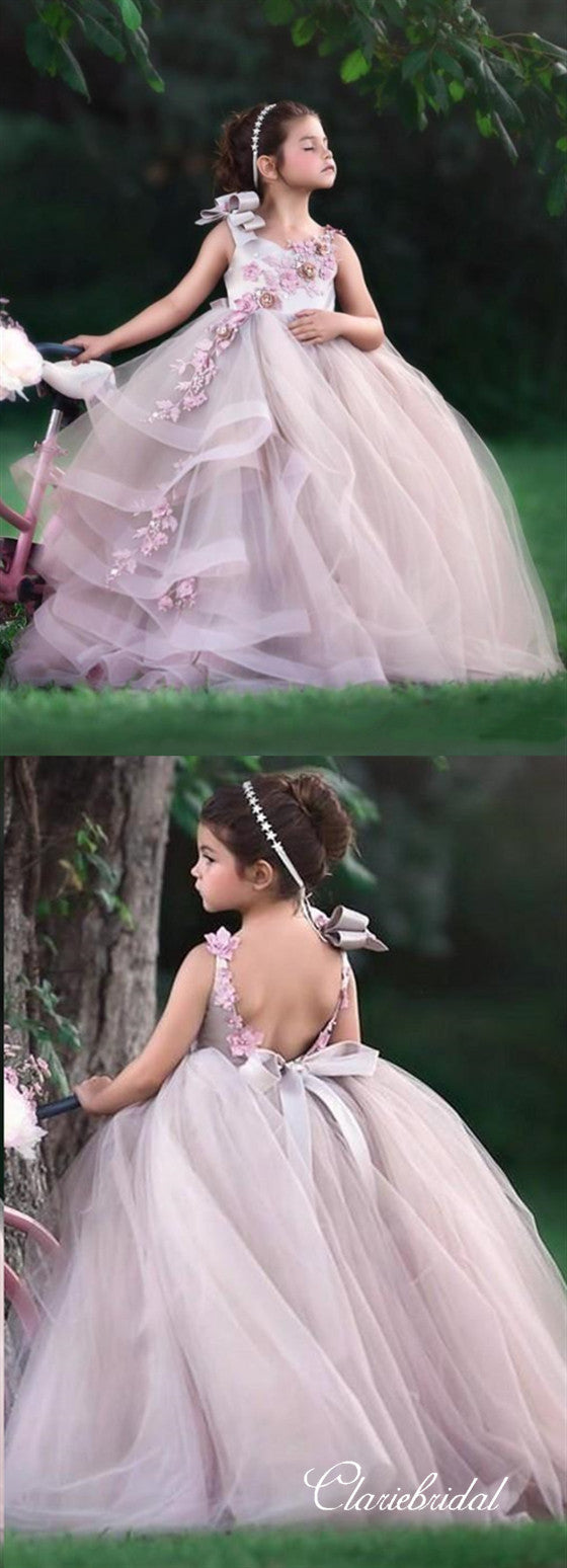 Lovely Long Tulle Satin Appliques Beaded Flower Girl Dresses
