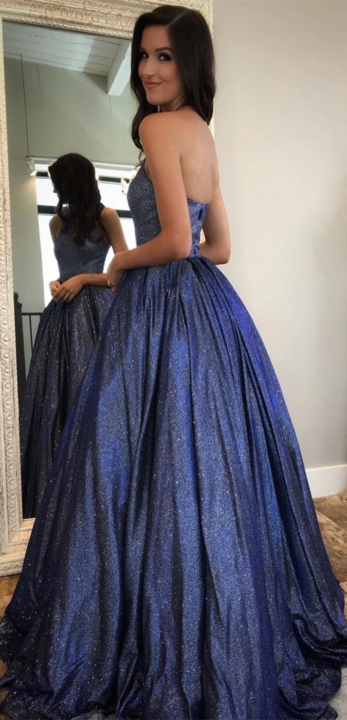 Halter Navy Shemmering Fabric Long A-line Prom Dresses, Shiny Prom Dresses, Popular Prom Dresses