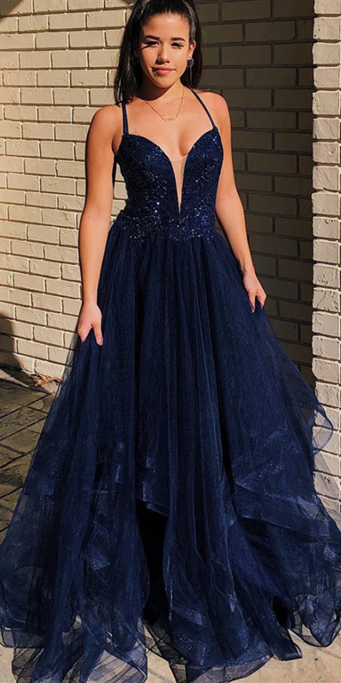 Long A-line Navy Lace Tulle Prom Dresses, Long Prom Dresses, Lace Appliques Prom Dresses