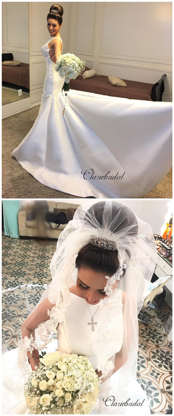 Mermaid Open Back Stain Wedding Dresses, Popular Simple Bridal Gowns, Wedding Dresses