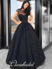 Illusion Cap Sleeves Black Tulle Beaded Prom Dresses, Long Prom Dresses, Prom Dresses