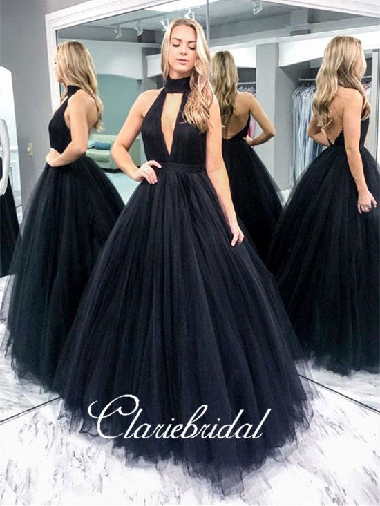 Halter Backless Black Tulle Prom Dresses, A-line Prom Dresses, Fluffy Prom Dresses