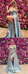 Light Blue Off Shoulder A-line Prom Dresses, Side Slit Prom Dresses, Prom Dresses
