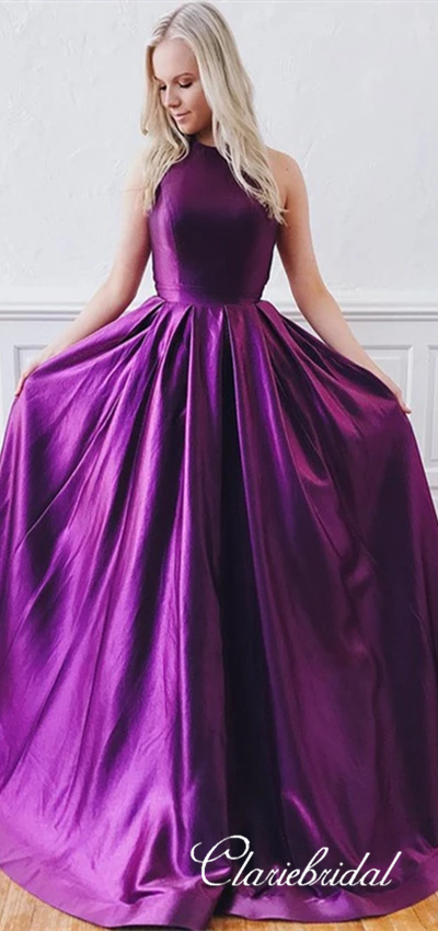Long A-line Purple Satin Prom Dresses, Affordable Prom Dresses, High Quality Prom Dresses