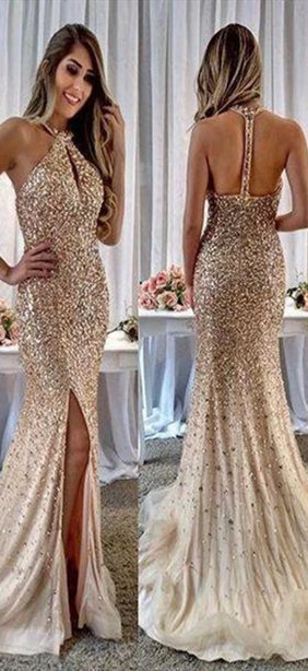 Luxury Rhinestone Beaded Long Mermaid Prom Dresses, Champagne Gold Prom Dresses