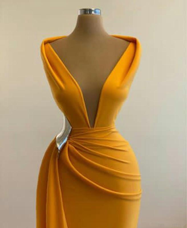 Deep V-neck Long Sheath Yellow Prom Dresses, Formal Evening Dresses, 2021 Prom Dresses