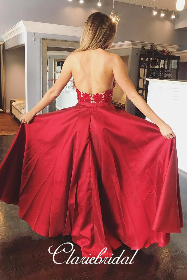 Halter Red Satin Lace Prom Dresses, A-line Prom Dresses, Long Prom Dresses