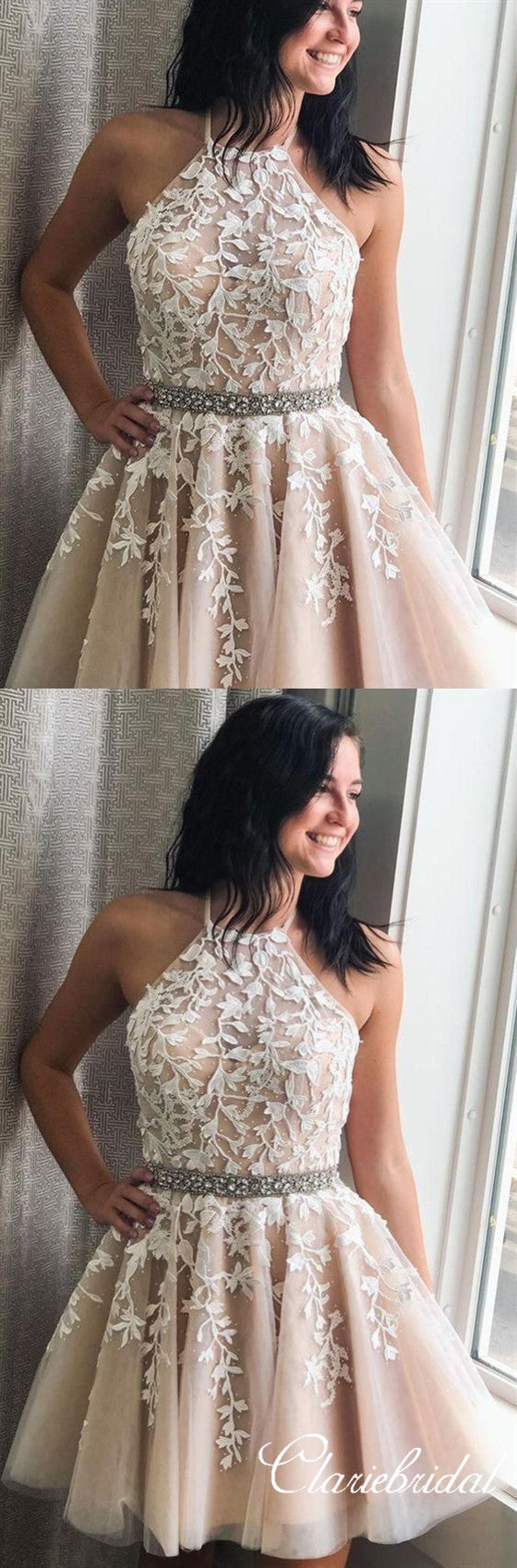 Halter Lace Tulle Beaded Homecoming Dresses, Lovely Short Prom Dresses