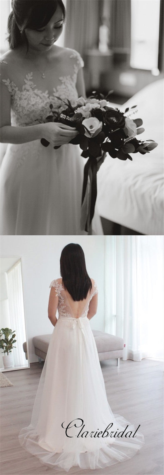Cap Sleeves A-line Simple Lace Tulle Wedding Dresses