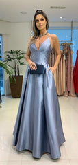 Deep V-neck A-line Long Prom Dresses, Straps Simple New Prom Dresses 2021