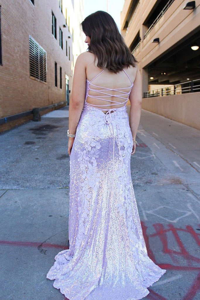 High Side Slit Appliques Long Prom Dresses, Sequins Popular 2021 Newest Prom Dresses