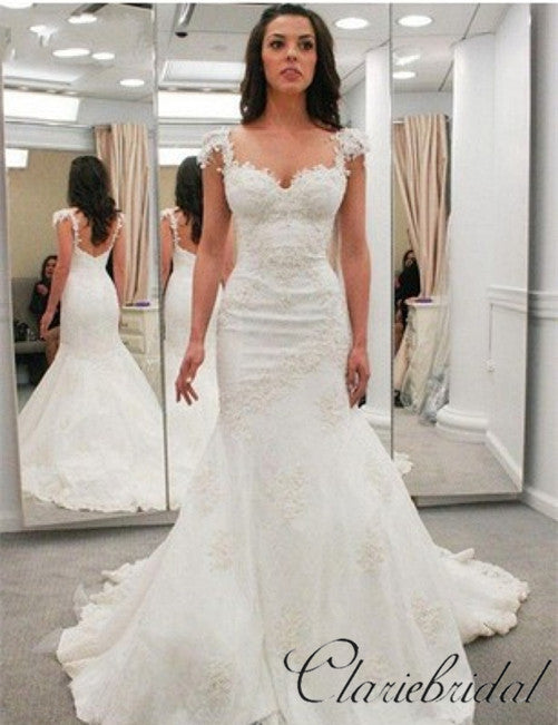Cap Sleeves Mermaid Lace Elegant Wedding Dresses, Popular Wedding Dresses