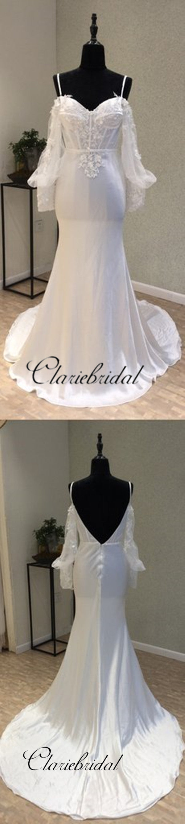 Long Sleeves Cheap Spaghetti Strap Mermaid Sexy Backless Wedding Dresses