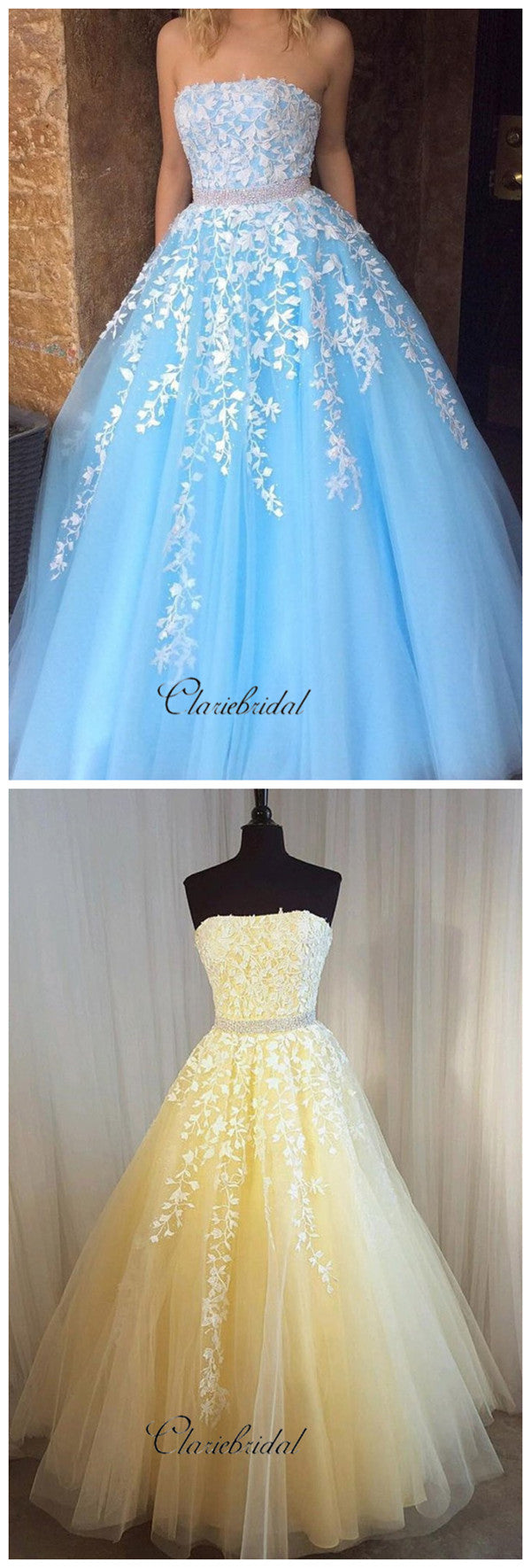 Gorgeous Strapless Lace Prom Dresses, A-Line Beaded Elegant Prom Dresses